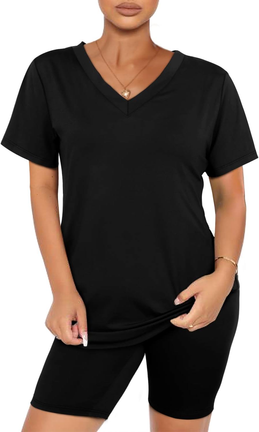 WIHOLL Two Piece Outfits for Women Short Sleeve V Neck Biker Shorts Set 2026 - Image 3