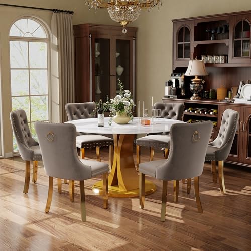 Image of 7-Piece Dining Table Set with 47In Faux Marble Table and 6 Velvet Upholstered Chairs, Modern Scandinavian Furniture for Dining Room Kitchen(Gray&Gold)