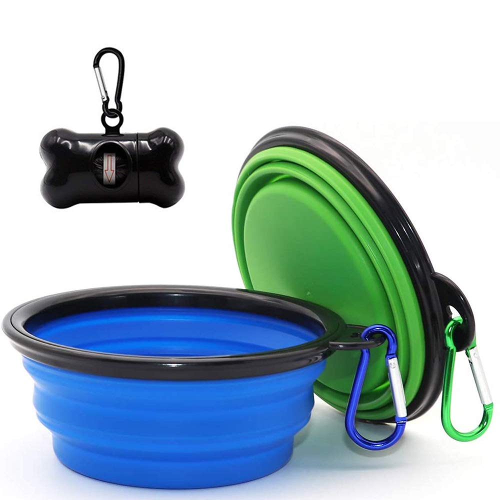 MOGOCO 2 Pack Portable Collapsible Dog Bowl,Food Grade Silicone BPA Free,Foldable Travel Bowl Dish for Pet Dog Cat Food Water Feeding,Including Black Dog Poop Bag Holder Dispenser,Blue and Green