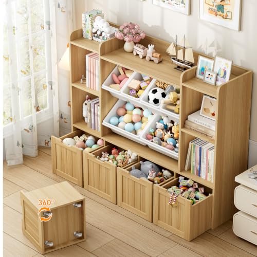FINETONES 55.1’’ Toy Storage Organizer with 6 Toy Bins, Large Toy Organizer Kids Bookshelf with 4 Movable Drawers and 4 Cubbies, Toy Bins for Playroom Storage for Kids Room, Natural - Image 5
