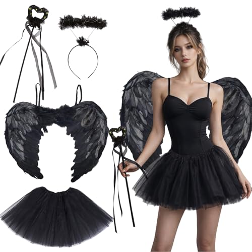 GWAWG Pack de 4 costume d'ange noir, tenue d'ange tombé avec jupe de tutu de baguette de corne d'aile, masquerade de Noël de carnaval d'Halloween