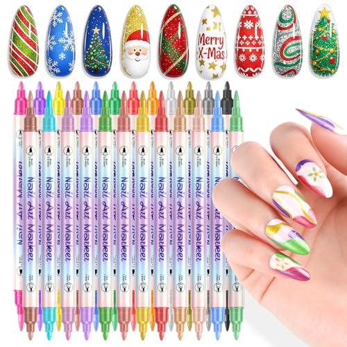 Image of 24 Colors Nail Art Pens Set: 0.5MM Fine Tip Nail Art Pens for Painting Nails, Quick Dry Acrylic Paint Markers Nail Polish Pens for Drawing Dotting Painting Liner Brush Tool Kit Home DIY Christmas Gift