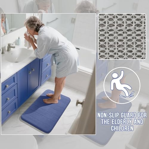 Image of Yimobra Memory Foam Bath Mat Set, 2 Pieces Soft Bathroom Rugs, 17x24 and 24x20.4 U-Shaped, Non Slip, Thick, Dry Fast, Navy Blue