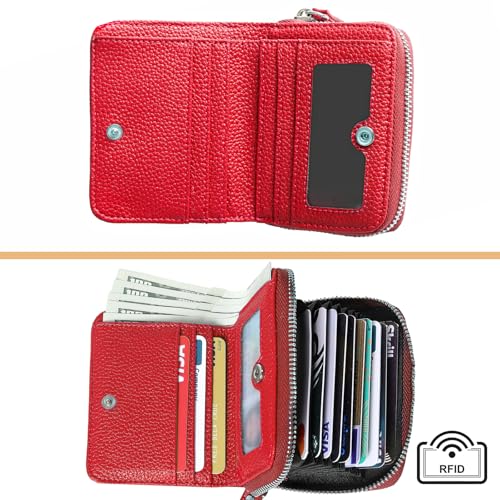 Image of Genuine Wallet Women RFID Blocking Card Holder, Small Leather Womens Wallet with Zipper ID Window Coin Pocket