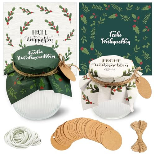 YANSYUN 40 Marmeladendeckchen Weihnachten Sets, Marmeladendeckchen Weihnachten 15cm + 20m Jute Garn + 40 Justiergummi + 40 Geschenkanhänger, Weihnachtliches Dekor für Marmeladengläser Klein (Grün)