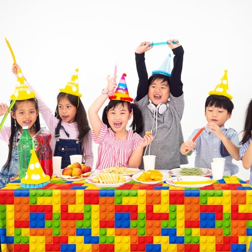 Image of 3pcs Building Block Tablecloths, Birthday Party Supplies Waterproof Plastic Colorful Blocks Bricks Table Cover for Building Block Party Decoration