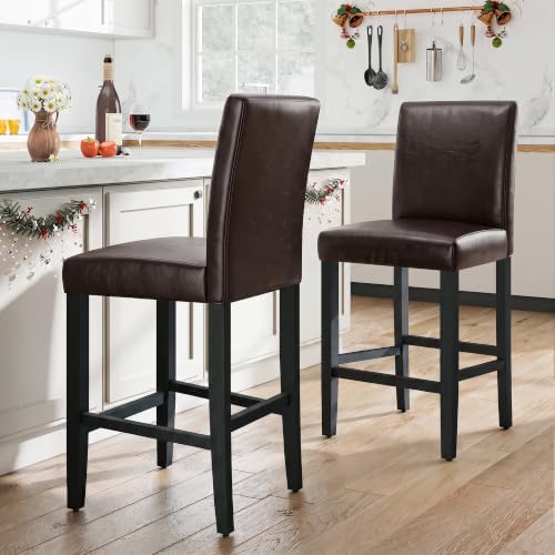 LSSPAID Counter Height Bar Stools Set of 2, 25 Inch Upholstered PU Leather Barstools, Modern Kitchen Island Chairs with Backrest and Solid Wood Legs, Dark Brown