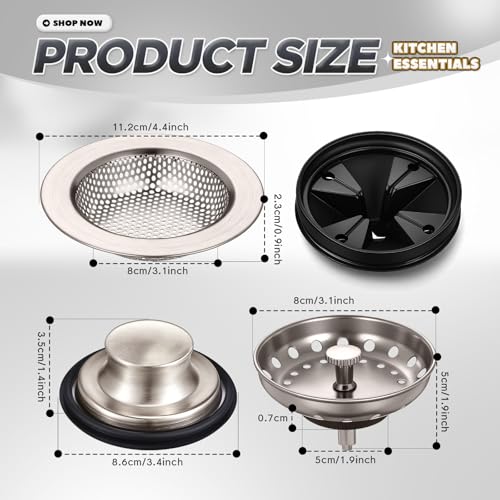 Yiyiring 4 Pcs Brushed Silver Kitchen Sink Accessories Garbage Disposal Splash Guards 3.4\'\' Sink Drain Strainer and Stopper Stainless Steel Garbage Disposal Plug for Kitchen Drain Strainer