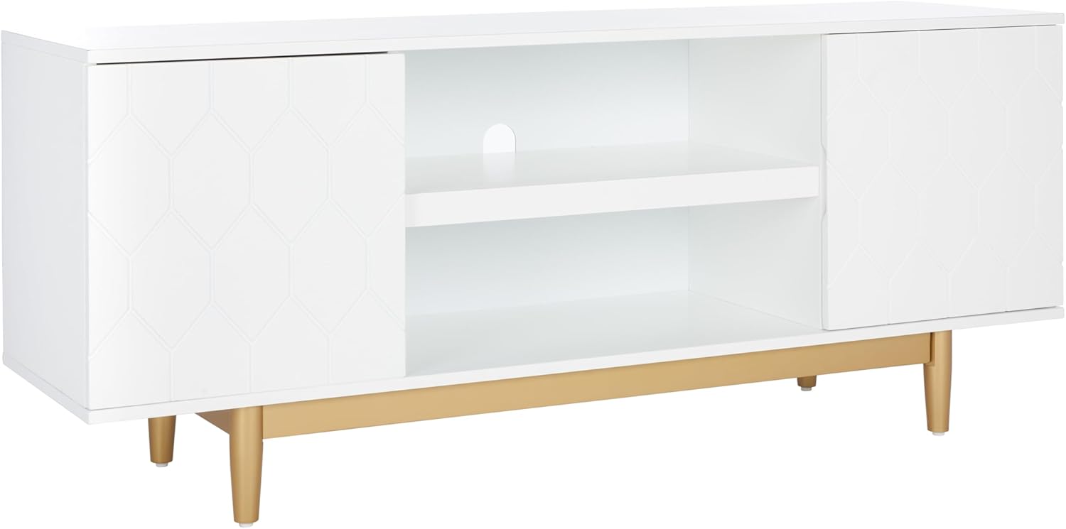 SAFAVIEH Kit TV Stand for up to 60" Flatscreen – White & Gold, 2 Doors with Interior Storage, 2 Open Shelves, Entertainment Media Console (MED5013A)