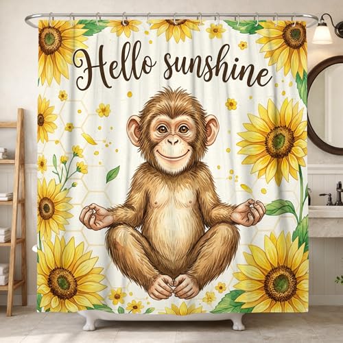 Affen-Duschvorhang, Sommer-Sonnenblumen, Sommergelb, waschbar, mit Haken, dekorativer Badezimmer-Vorhang für Badezimmer, Badewanne, Wohnung, Dekoration, 157 x 183 cm