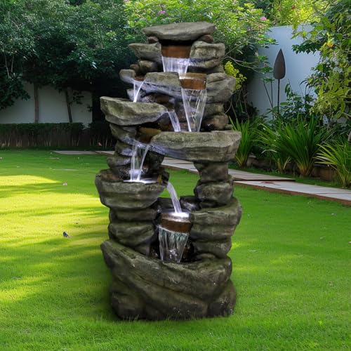 Image of SunJet 60 inch High 7-Tiers Cascading Rock Outdoor Water Fountain with LED Lights - Large Outdoor Fountains and Waterfalls for Garden or Patio, Yard, and Deck Decor, Featuring Natural Stone Look
