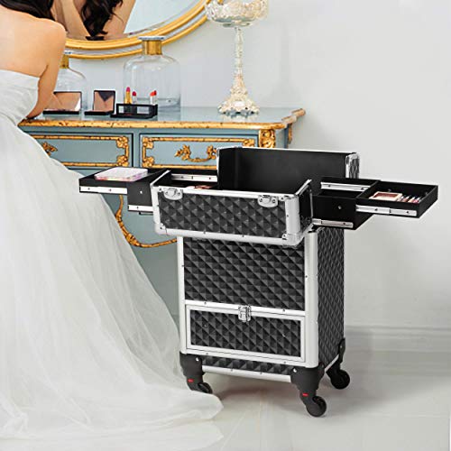 Yaheetech Rolling Makeup Train Case Aluminum Cosmetic Case With Wheels Barber Case Salon Lockable Travel Trolley With Sliding Drawers Removable Divider, Black #TOP1