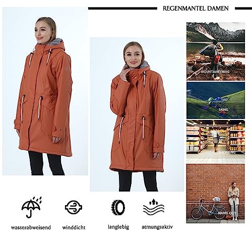 rhythm of the rain Regenjacke Damen mit Warm gefüttert Winterjacke Damen wasserdicht PU Regenmantel Friesennerz übergangsjacke mit Kapuze Karamell 42