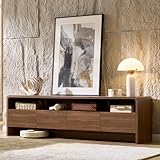 AMERLIFE 70' Modern TV Stand for TVs Up to 80', Wood TV Console with Curved Profile Design & 2 Storage Cabinets, Media Console Entertainment Center for Living Room, Brown