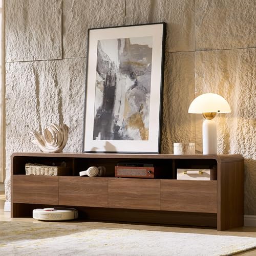 AMERLIFE 70' Modern TV Stand for TVs Up to 80', Wood TV Console with Curved Profile Design & 2 Storage Cabinets, Media Console Entertainment Center for Living Room, Brown