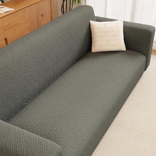 Image of Lukzer 4 Seater Pastel Dark Grey Grid Maze Pattern Sofa Cover | 240 GSM Universal Stretch Fit Jacquard Fabric Couch Protector | Fully Covered Anti Slip & Washable Sofa Cover (230-300cm /SC-104-04)
