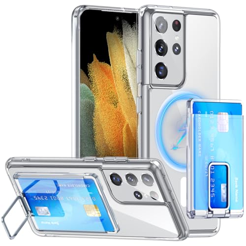 TIANNIUKE for Samsung Galaxy S21 Ultra Case with Card Holder & Kickstand Detachable Stronger Magnetic Wallet [Compatible with MagSafe] Military Shockproof Protective Slim Phone Case Clear