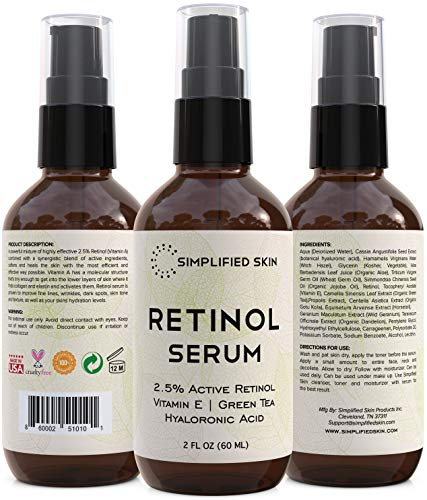 Retinol-Serum-25-for-Face-Eyes-2-oz-with-Vitamin-A-E-Hyaluronic-Acid-Green-Tea-for-Anti-Aging-Fine-Lines-Wrinkles-Best-Brightening-Facial-Serum-for-Day-Night-use-by-Simplified-Skin Retinol Serum for Face & Eyes with Vitamin E, A, Hyaluronic Acid & Green Tea for Anti-Aging, Fine Lines & Wrinkles - 2.5% Retinol Facial Serum for Day & Night - 2 Oz
