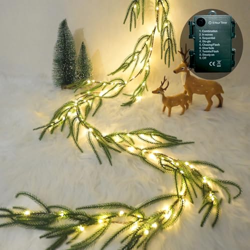 Image of 2025 New Christmas Norfolk Garland Lights 6.56FT Pine Garlands 96 LED 8 Flash Modes Battery Operated Xmas Garland Lights with Timer Lighted Christmas Decorations for Mantle Fireplace Door Home Holiday