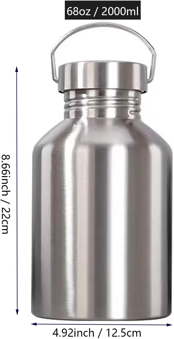 2 Pack Customized Logo Stainless Steel Sports Water Bottle – Durable, Non-Insulated Metal Cups for Outdoor, Hiking & Fitness (68oz / 2000ml)