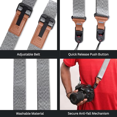 Image of Kamron Side Camera Sling Strap - Adjustable Woven Nylon Neck & Shoulder Strap with Quick Release, Anti-Fall Locks & Leather Accents - Compatible with DSLR, Mirrorless & Action Cameras