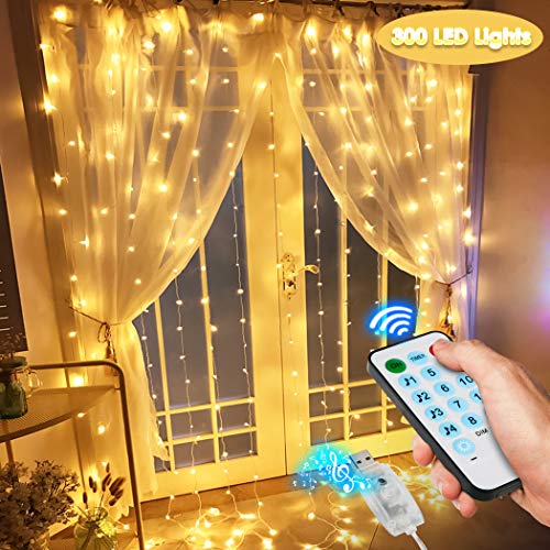 ELEPOWSTAR Lichtervorhang 3x3m 300 LEDs, USB Lichterkettenvorhang Warmweiß IP44 Wasserdicht, Fernbedienung mit 12 Modi, Innen und Außen Dekoration für Party, Hochzeit, Geburtstag, Feiertag