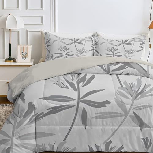 Qiwagu Bettdecke 135x200 4 Jahreszeiten, Wende Pflanze Blatt Steppdecke Waschbare, Bettdecke ohne Bezug Nutzbar, Leicht Weiche Schlafdecke 200GSM, Ganzjahresdecke Grau mit 1 Kissenbezug (ohne Kissen)