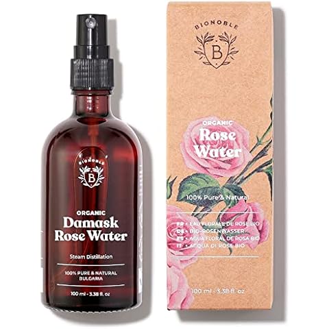 Bionoble Organic Rose Water 100ml - 100% Pure and Natural Damask Rose Hydrolat - Face, Eye Contour, Body, Hair - Glass Bottle + Spray Cover