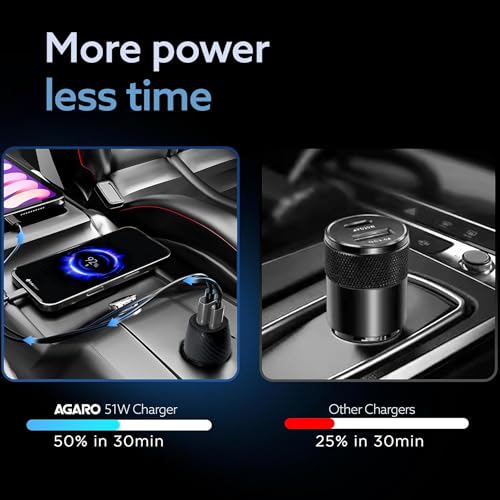 Image of AGARO Pulse Car Charger, Dual Port with 51W Fast Car Charger with Dual Output (33W Pd Type C Port + 18W USB A Port), Fast Charging, for Smartphones, iPhones, Tablets, Earbuds & More - Black