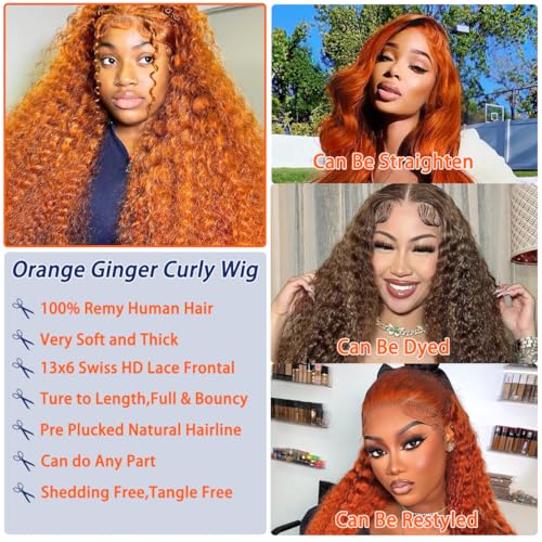 Image of LAINSS 32Inch Ginger Orange Lace Front Wigs Human Hair Body Wave Lace Front Wigs for Black Women Human Hair 13x6 HD Lace Frontal Human Hair Glueless Colored Wig Pre Plucked 210% Density