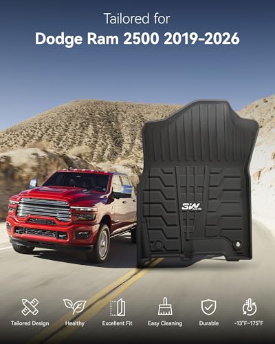 Image of 3W Floor Mats for 2019-2025 2026 Dodge Ram 2500 /3500 Crew Cab, All Weather TPE Custom Fit Dodge Ram 2500 /3500 Floor Liners 1st Row (for Carpet Floor), Front Row,2-pc Black