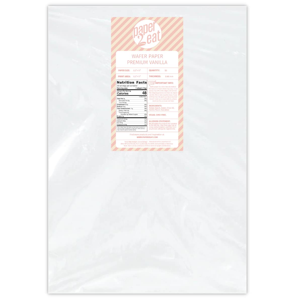 paper2eat edible Wafer Paper Sheets Premium 8.5" x 11" - 0.60 mm - Vanilla Flavored - 50 count