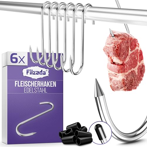 Filzada 6x XXL Fleischerhaken Edelstahl - 50 kg - Belastbar - Ø 5mm - Hochwertige Räucherhaken Edelstahl MIT SPITZE - Fleischhaken Räuchern - S Haken Edelstahlhaken - Räucherhaken für Forellen