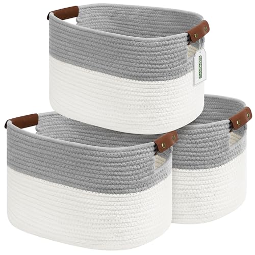 Image of ECDYQXVU 15x10x9 Woven Cotton Rope Storage Basket, Leather Handles 3 Pack | Foldable Design, Sturdy PU Handles, Easy to Clean Organizer for Living Room, Closet, Shelves, Bedroom, Laundry, Clothes