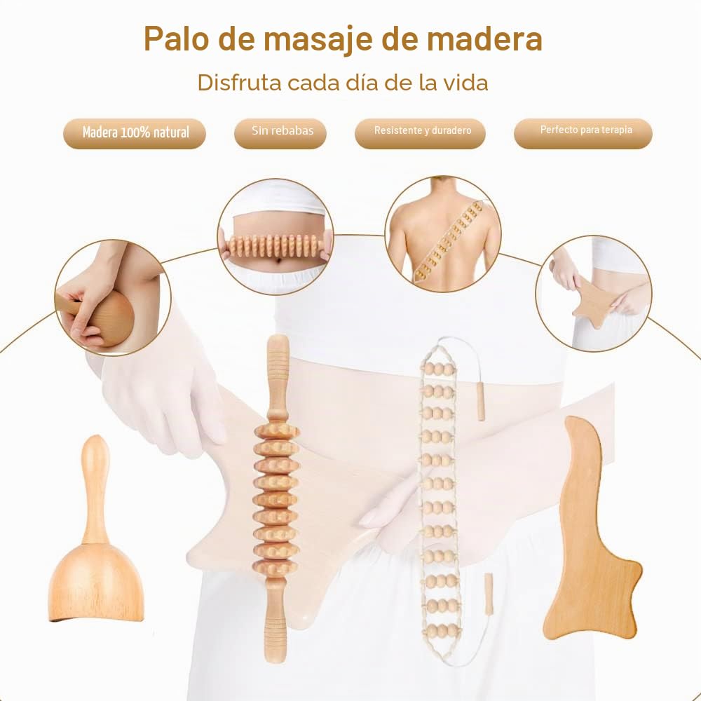 8 herramientas de masaje de terapia de madera, rodillo de madera para anticelulitis y alivio del dolor muscular de cuerpo completo, rodillo Gua Sha