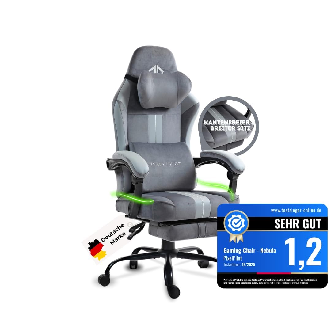 PixelPilot Gaming Stuhl Ergonomisch mit Fußstütze, Atmungsaktiver Stoff Gamer Stuhl, Bürostuhl mit Kopfstütze & Lendenstütze, Breite Sitzfläche, 150 kg (Grau)