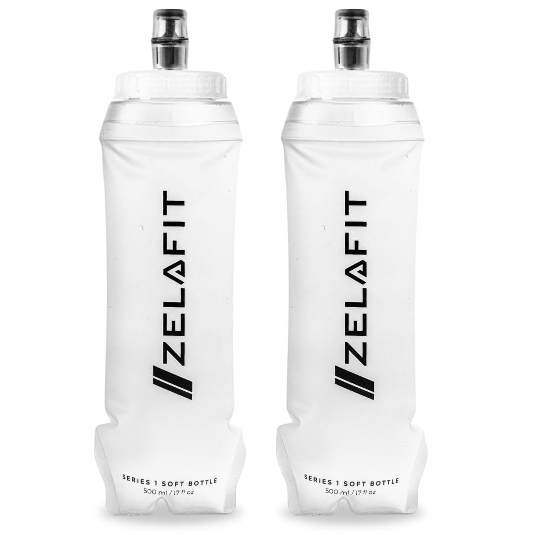 ZelaFit® 2x Faltbare Trinkflasche 500 ml, Soft Flask Trinkbeutel für Laufen & Trailrunning, Leichte Laufflasche mit Beißventil, BPA-frei und Auslaufsicher, Faltflasche