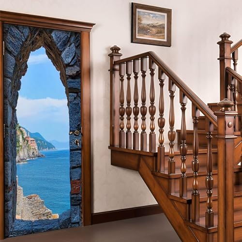 Pegatinas Puerta 3D Arco Pegatinas para Puertas de Pueblo Costero Vinilo Decorativo Pegatina Pared Mural para Puerta Autoadhesivas Papel Pintado Puerta 80x200 cm B-4396
