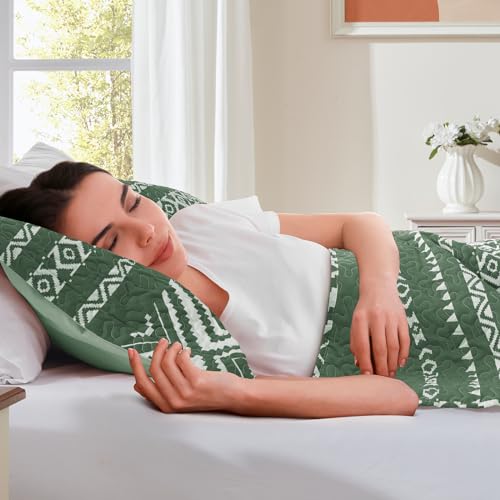 LEAONME 3 Pieces Full Queen Size Olive Green Quilt Set with Checkered Pattern Lightweight Oversized Bedspread 90''x98'' Soft Coverlet Warm Bed Cover for All Seasons (1 Quilt, 2 Pillow Shams)