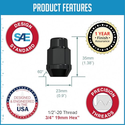 Image of Set of 20 Lug Nut 1 /2-20 Thread Closed End Bulge Acorn Lug Nuts 1.38 inch Long - Cone Seat - 19mm (3 /4 inch) Hex Wheel Lug Nut (Black)