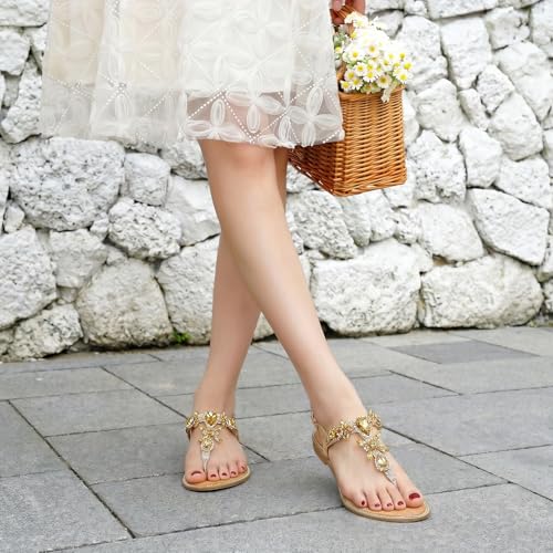 Image of iCKER Womens Rhinestone T‑Strap Flat Sandals Adjustable Ankle Strap Jeweled | for Dress,Vacation,Wedding,Party Evening and Formal Special Occasions