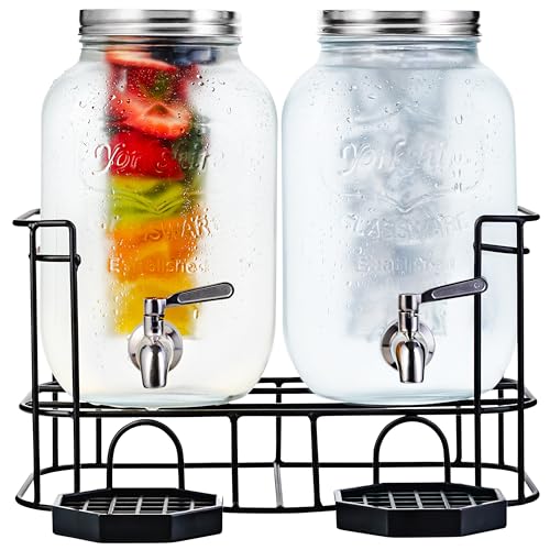 Kitchentoolz Dual Gallon Glass Beverage Dispensers with Fruit Infuser & Ice Insert – Stainless Steel Spigots, Metal Stand, and Drip Trays for Cold Drinks & Flavored Water