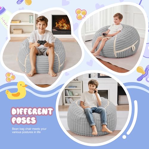 Image of 2FT Bean Bag Chair 2'Bean Bag Chairs with Memory Foam Filled Small Bean Bag | Bean bags with Machine Washable Cover Corded Plush Fabric, Comfy Chairs for Living Room Bedroom Dorm, Lightgrey with Beige