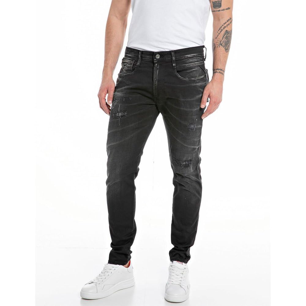 REPLAY Men's MD934 Modal Power Jeans, Black Delavè 099, 28W / 32L