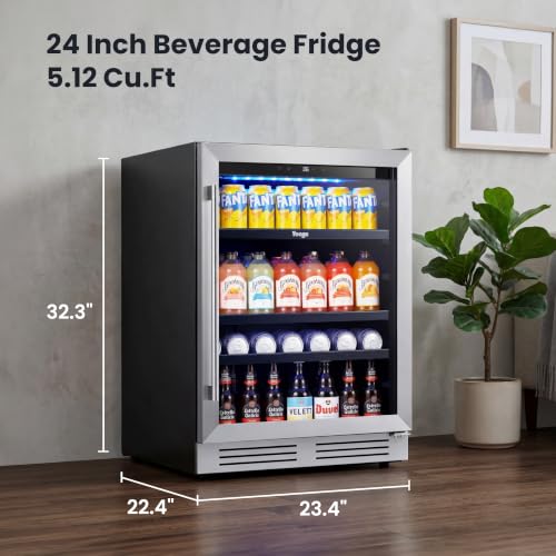 Image of Yeego 24 Inch Beverage Refrigerator - 180 Can Built-In Under Counter Drink Fridge with Glass Door, 34-54F Cooling for Beer, Soda & Wine (Right-Hinged)