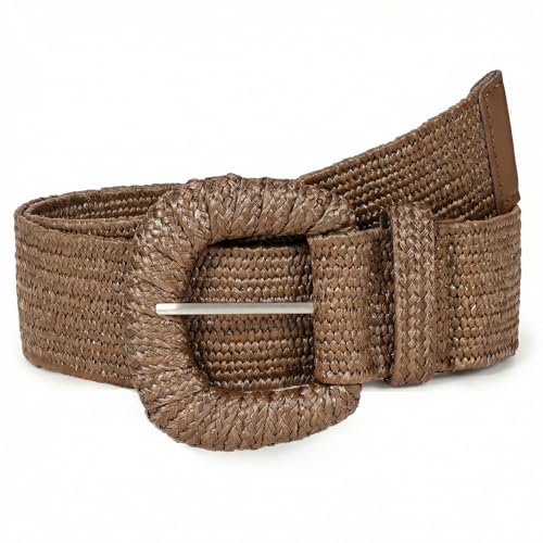 Image of Straw Woven Elastic Belt for Women Stretchy Belts for Dress Fashion Boho Waist Belt Rattan Raffia Ladies Belts
