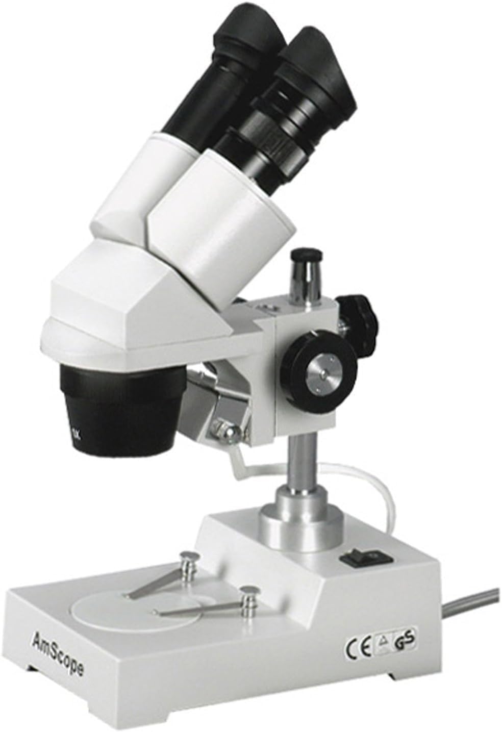 AmScope SE304-PY Binocular Stereo Microscope, WF10x and WF15x Eyepieces, 20X/30X/40X/60X Magnification, 2X and 4X Objectives, Tungsten Lighting, Reversible Black/White Stage Plate, Pillar Stand, 110V