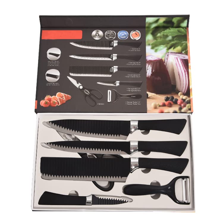 Black Chef Knife Set for Kitchen, Sharp Stainless Steel Non-Stick 6 Pieces Kitchen Knife Set, Cutting Knife with Frosted Non-Slip Handle, Kitchen Cutting Set with Scissors and Peeler, Pretty Gift Box