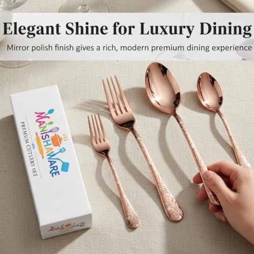 Image of Classic Rose Gold 20 Pcs Stainless Steel Cutlery Set for Dining Table, Dishwasher Safe Glossy Flatware (Perfect Spoon Fork Set)