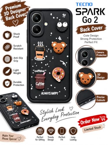 Image of Bintage Back Cover Compatible for Tecno KM4 / Spark Go 2 | Cute Fun Ball | 3D Taddy Smiley Coffee | Milk Case | Full Body Protection - Black